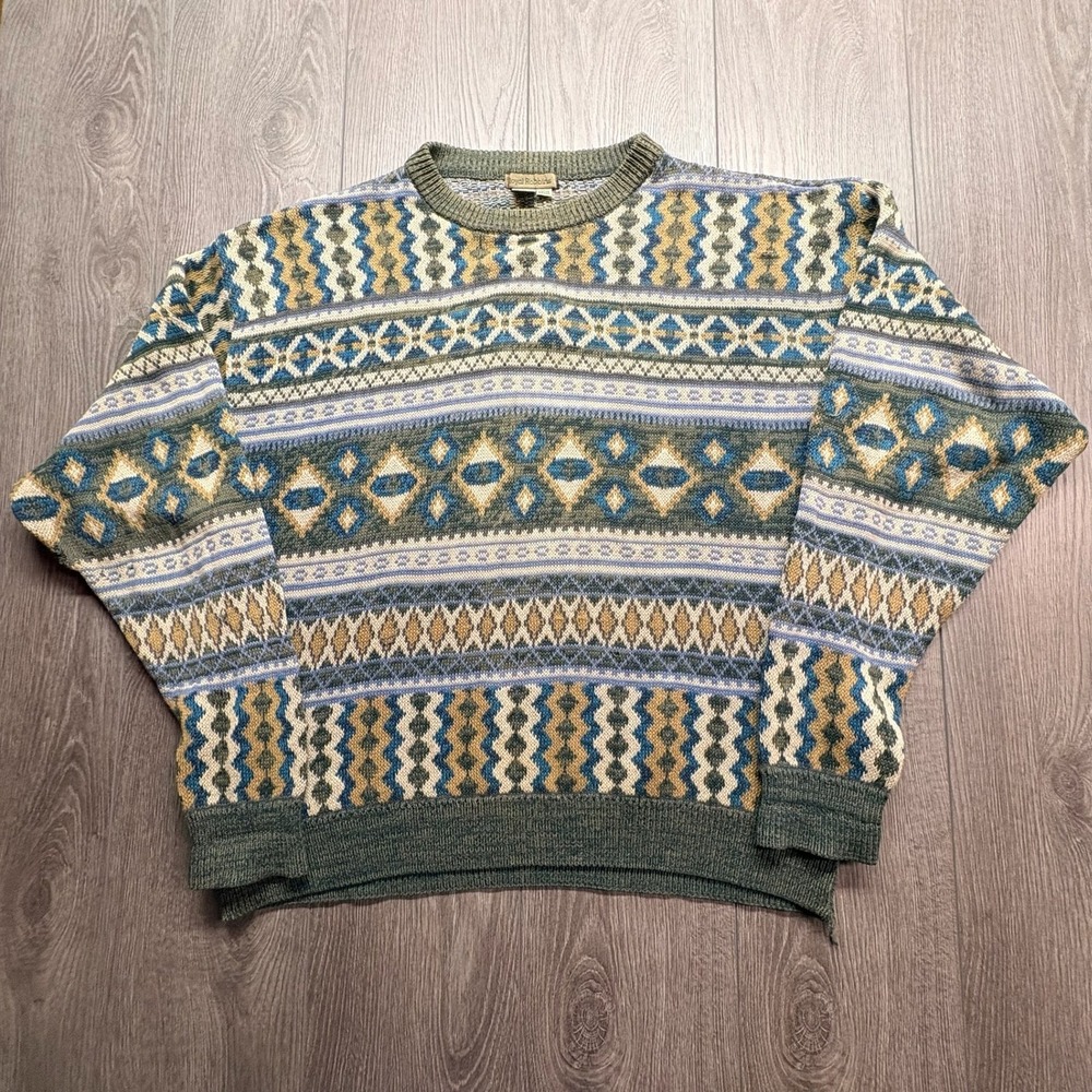 Royal Robbins Mens Vintage 100% Cotton Fair Isle Geometric Sweater Green Large